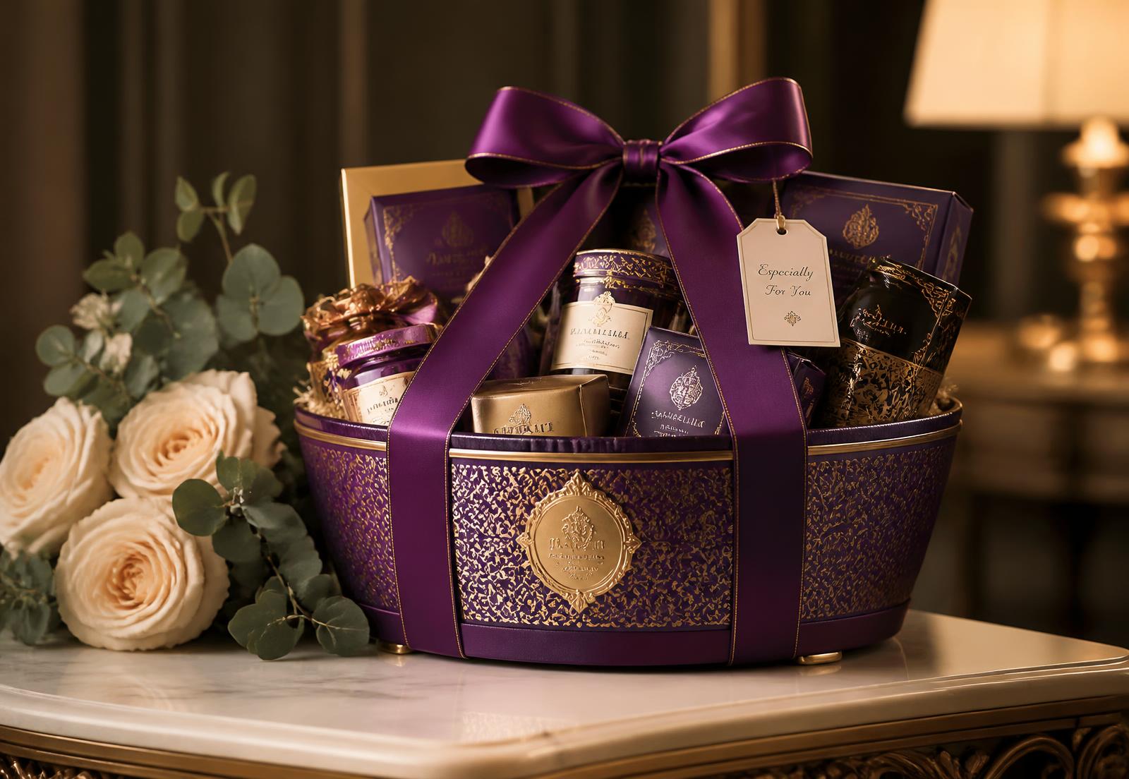 Luxury handcrafted gift basket with purple satin ribbon on a marble table